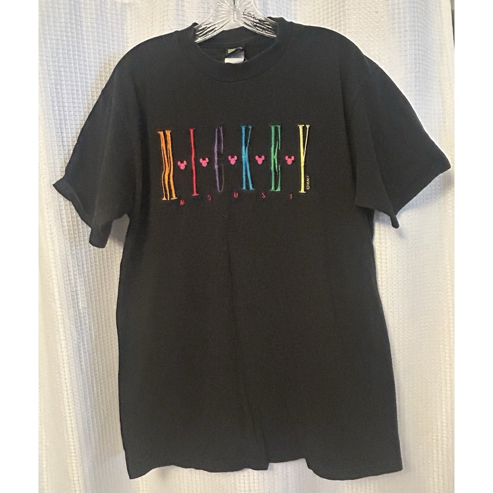 Mickey Unlimited Adult Size L Vintage Rainbow Embroidered Spell Out T-Shirt